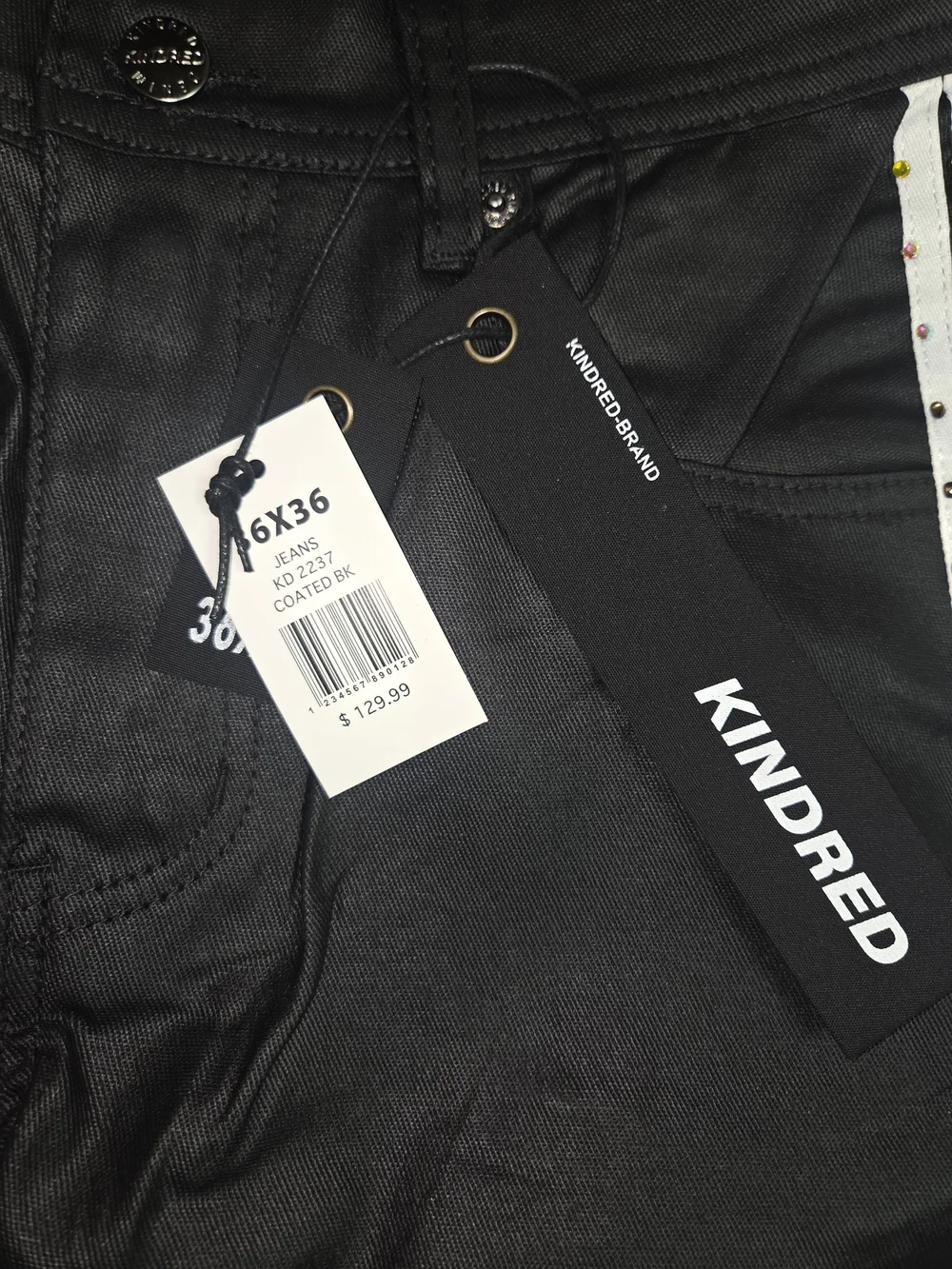 Kindred Men's Rhinestoned Relaxed Fit Black Jeans with White Panels. Size 36x36